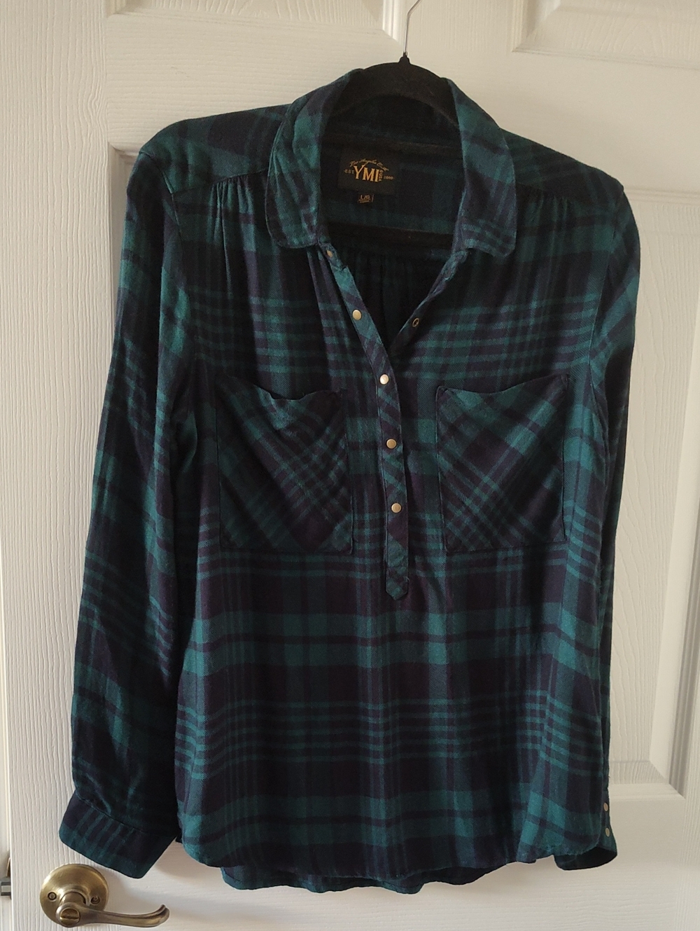 YMI Plaid Button-Front Shirt in Teal and Navy